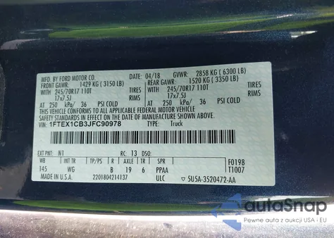 2018 Ford F-150 Xl из США, поврежденный, VIN 1FTEX1CB3JFC90978